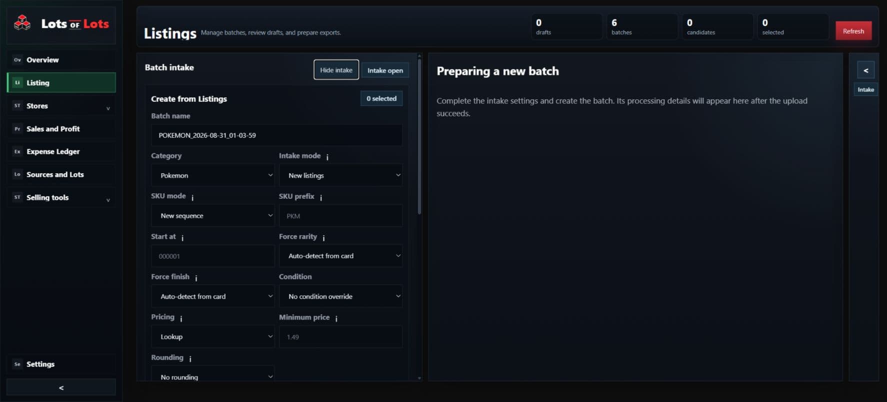 Batch intake workspace showing category, intake mode, SKU strategy, pricing, marketplace defaults, and image grouping controls.