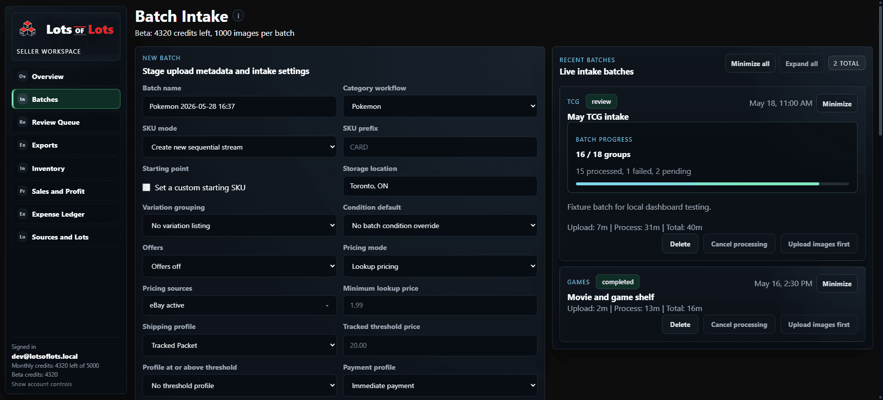 Batch intake workspace showing upload metadata, listing defaults, pricing sources, and recent batch progress.