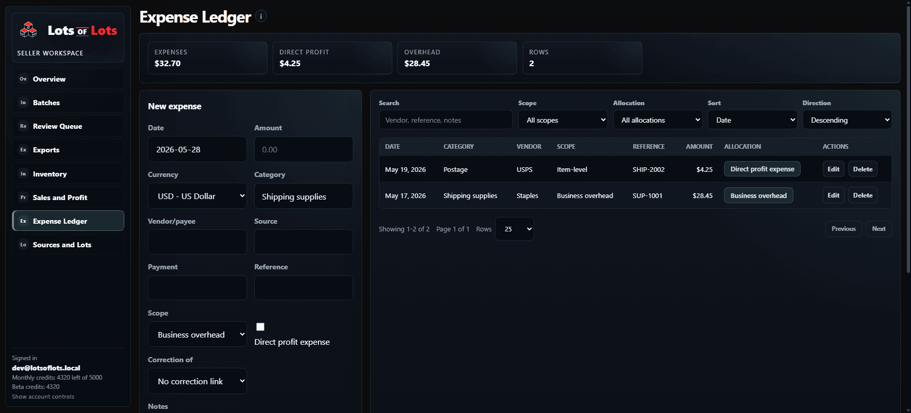 Expense ledger showing business overhead entries, direct profit expense controls, and expense totals.