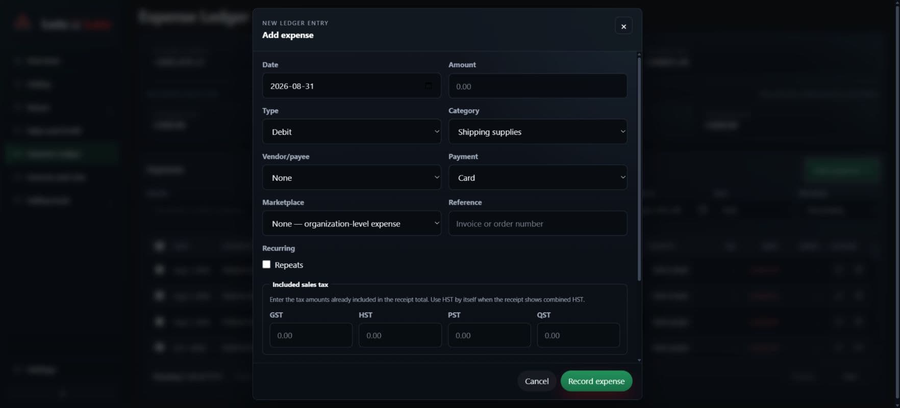 Expense entry workflow showing debit and credit types, category, vendor, payment, marketplace, recurring, and Canadian sales-tax fields.