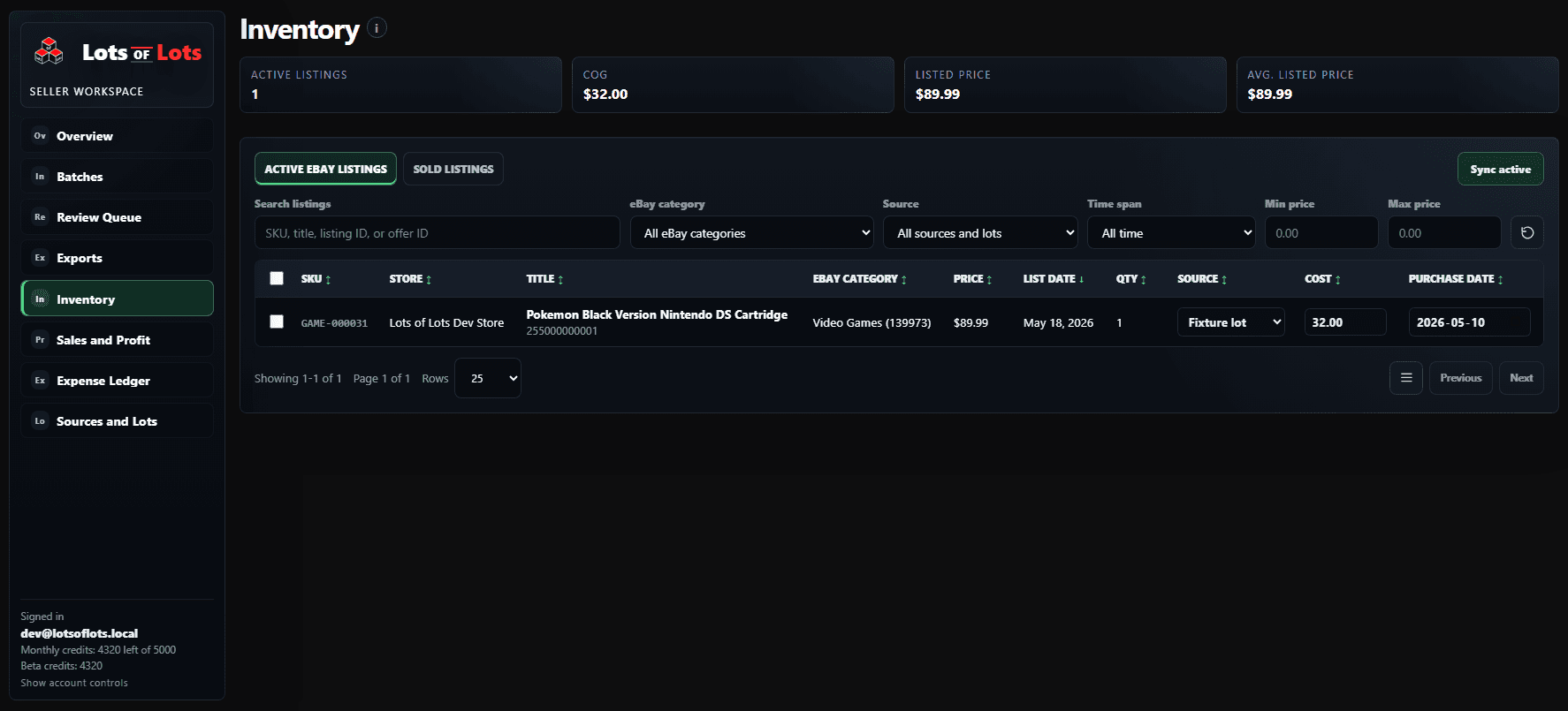 Inventory workspace showing active eBay listings, cost fields, source assignments, and listing filters.