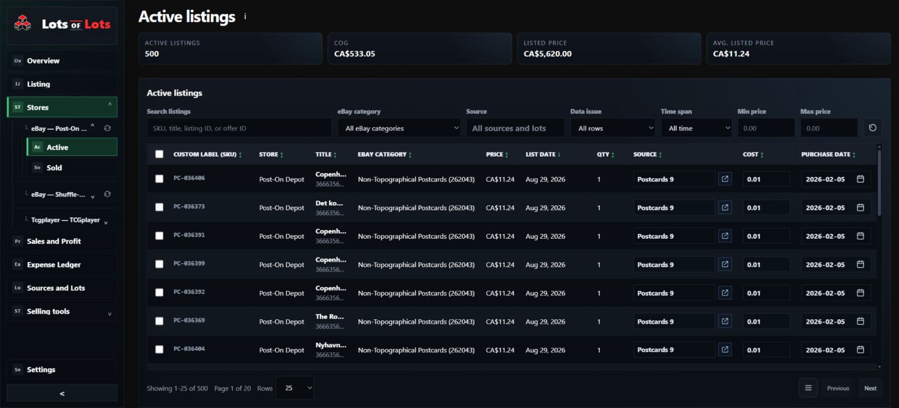 One eBay store's active inventory showing listing filters, source assignments, cost, and purchase dates.