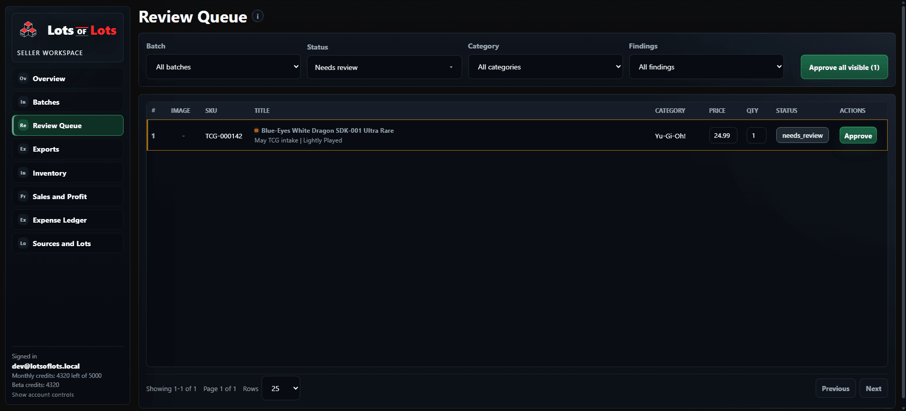 Review queue showing filtered listing drafts with images, SKU, title, price, status, and warning rows.