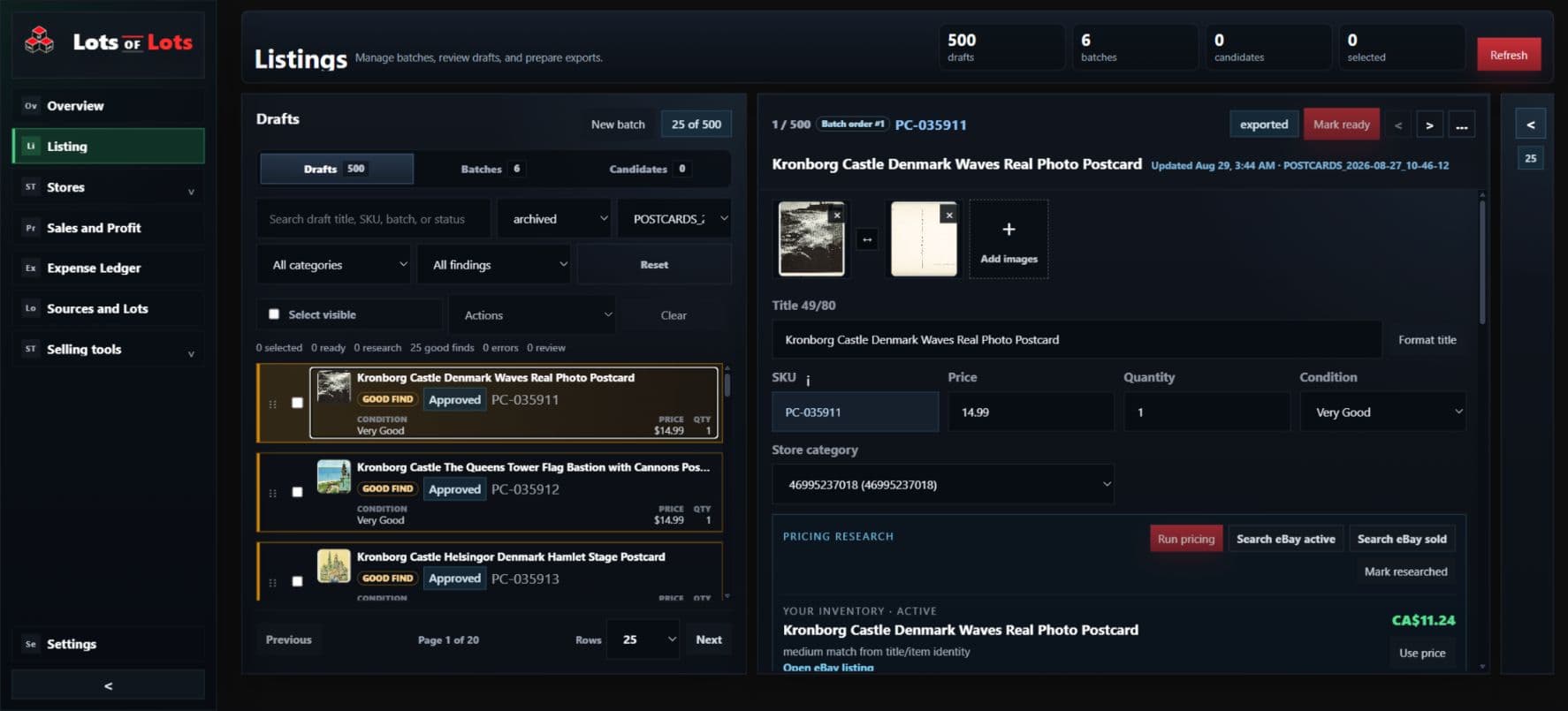 Draft review workspace showing listing images, good-find signals, titles, SKU, pricing research, condition, and marketplace fields.
