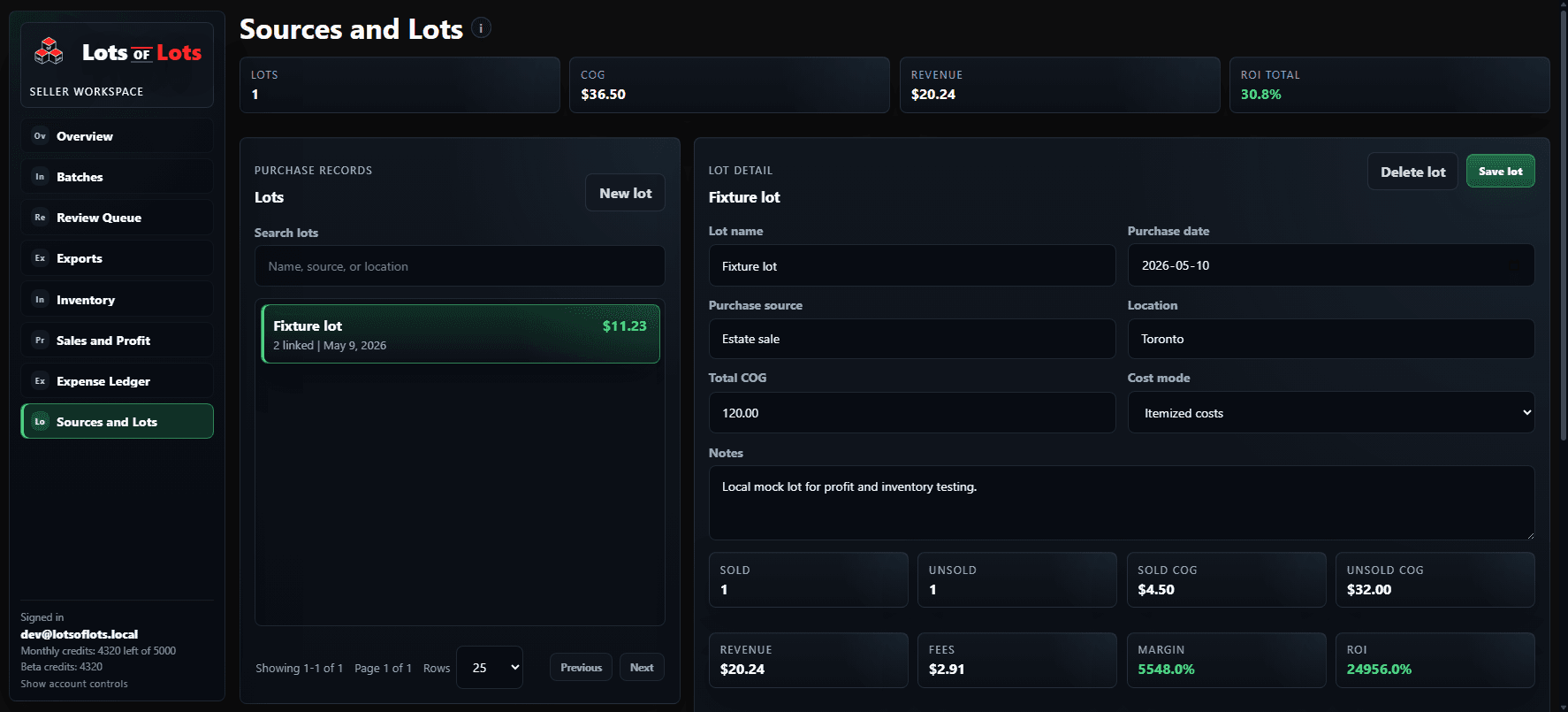 Sources and lots workspace showing purchase records, lot details, COG, revenue, margin, and ROI.